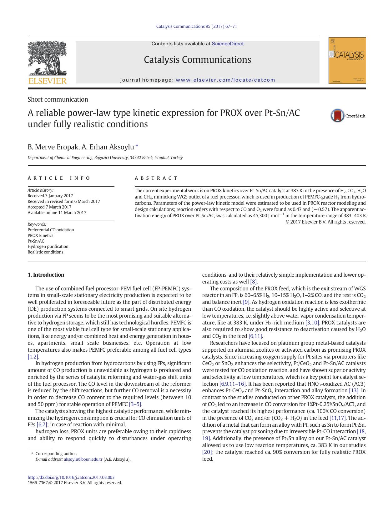 A reliable power-law type kinetic expression for PROX over Pt-SnAC under fully realistic conditions by B. Merve Eropak & A. Erhan Aksoylu