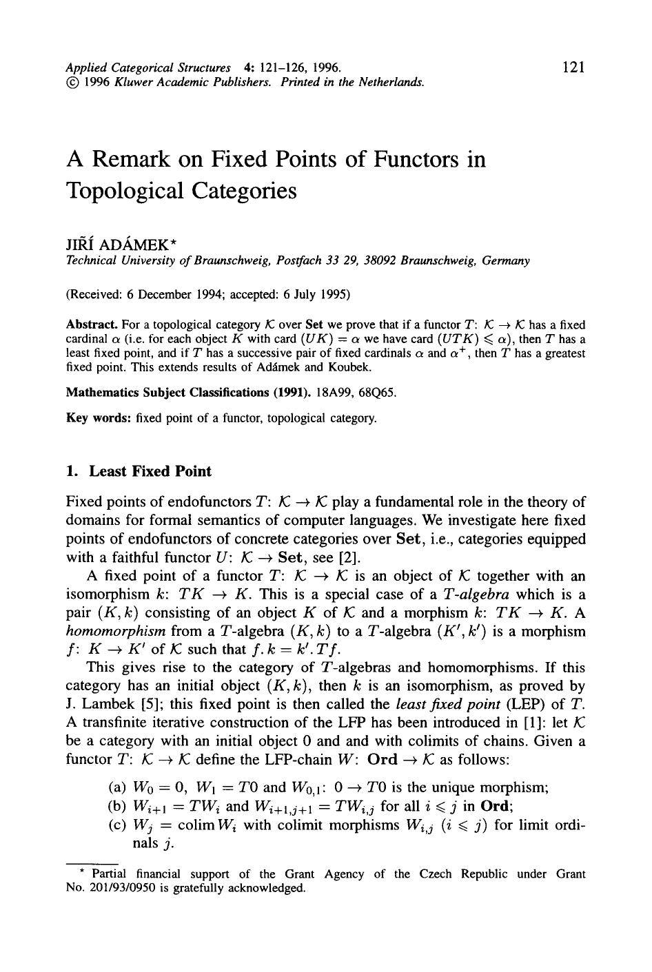 A remark on fixed points of functors in topological categories by Unknown