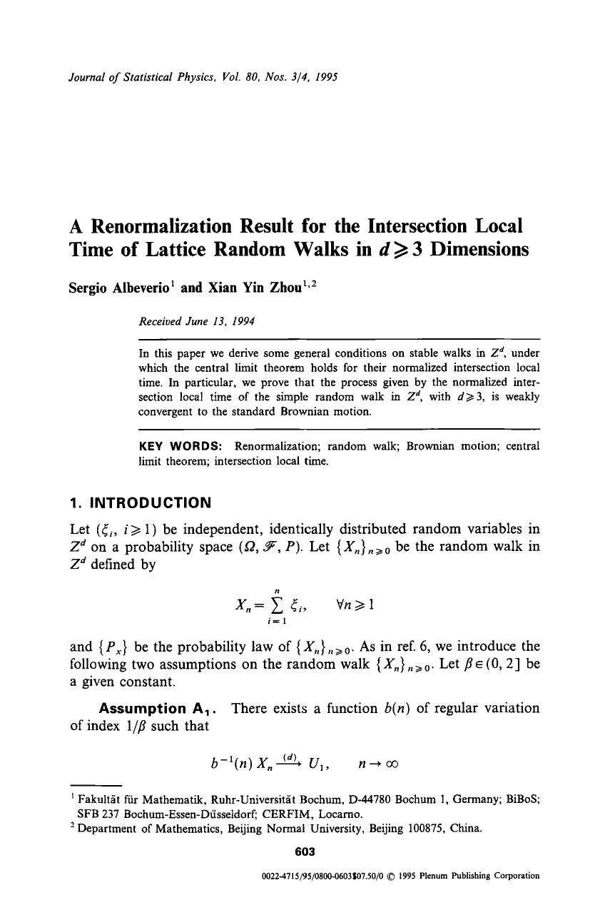 A renormalization result for the intersection local time of lattice random walks in <Emphasis Type="Italic">d <Emphasis>&#x2267;3 dimensions by Unknown