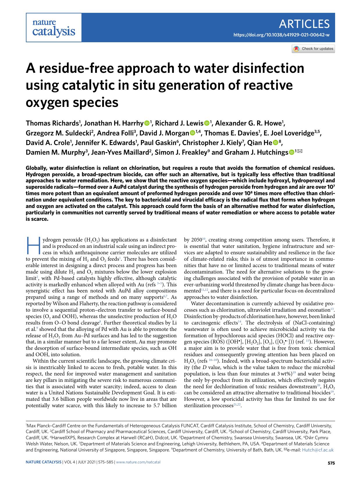 A residue-free approach to water disinfection using catalytic in situ generation of reactive oxygen species by unknow