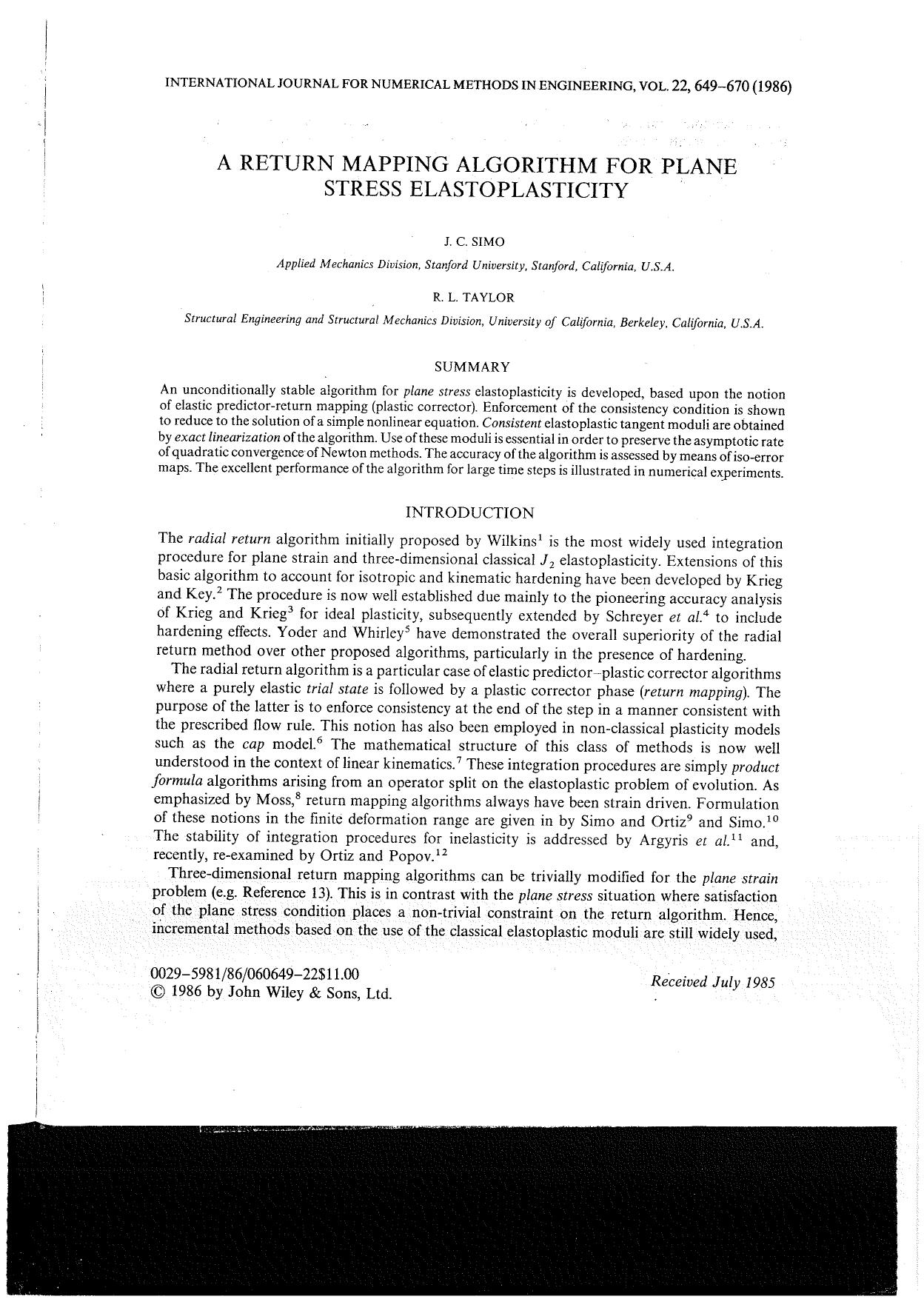 A return mapping algorithm for plane stress in plasticity by Silmo J