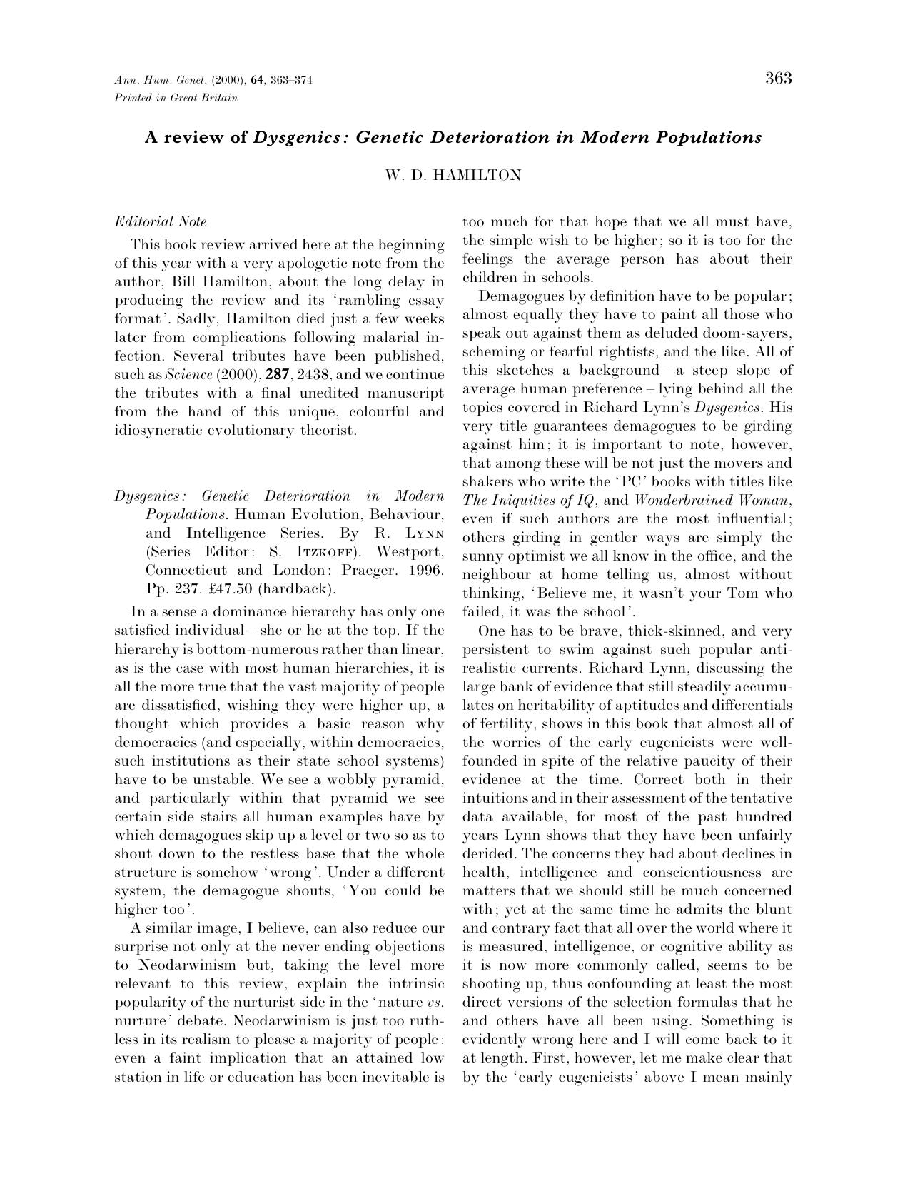 A review of Dysgenics: Genetic Deterioration in Modern Populations by Genetic Deterioration in Modern Populations'' (2000) by William Donald Hamilton