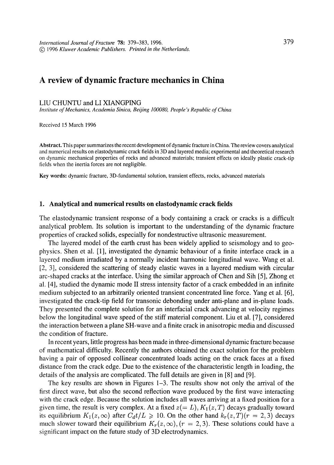 A review of dynamic fracture mechanics in China by Unknown