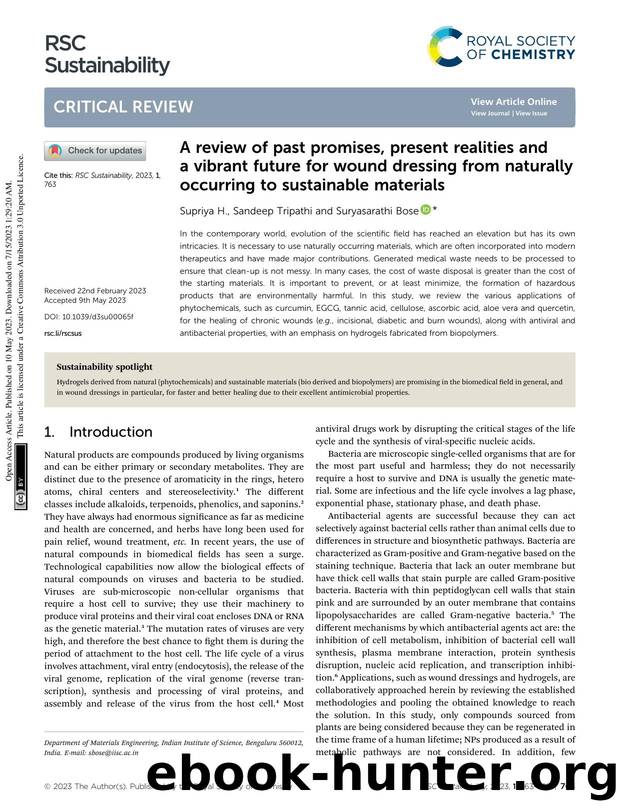 A review of past promises, present realities and a vibrant future for wound dressing from naturally occurring to sustainable materials by Supriya H. & Sandeep Tripathi & Suryasarathi Bose