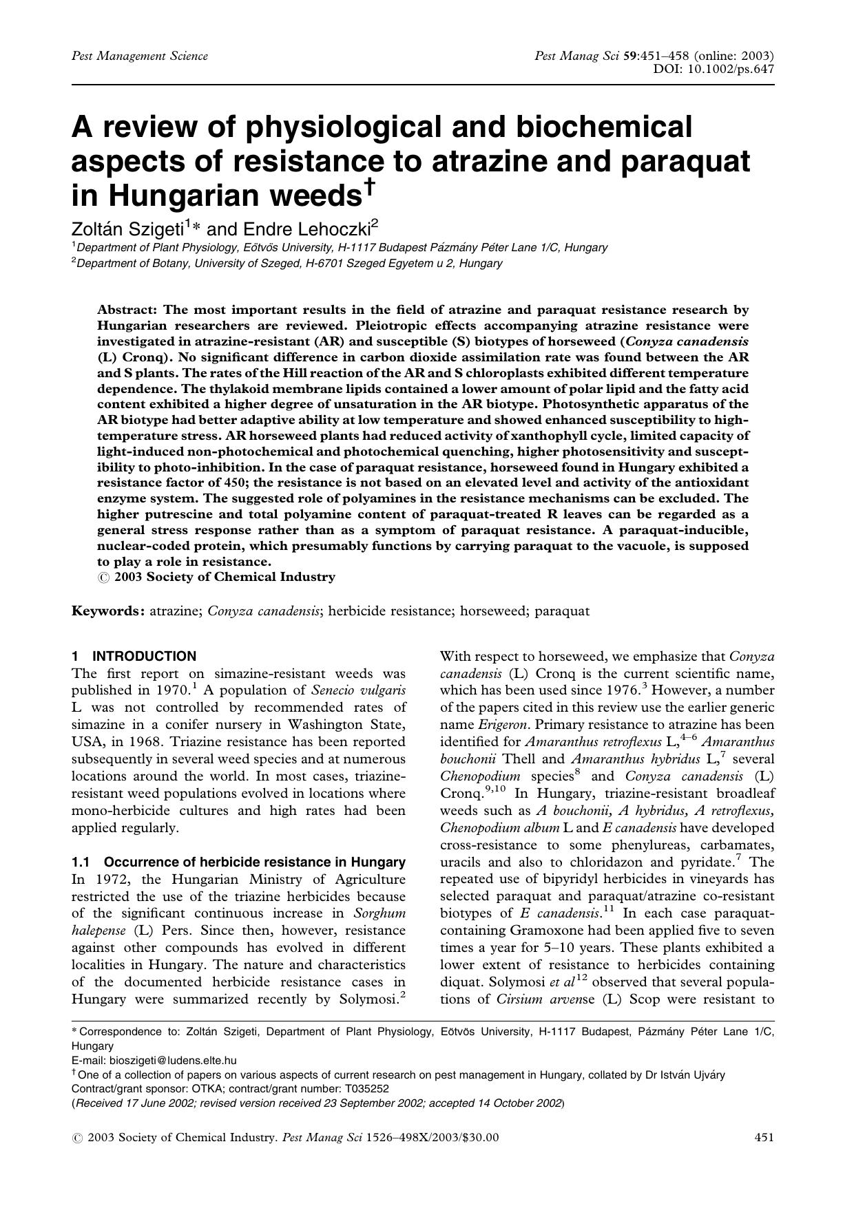 A review of physiological and biochemical aspects of resistance to atrazine and paraquat in Hungarian weeds by Unknown