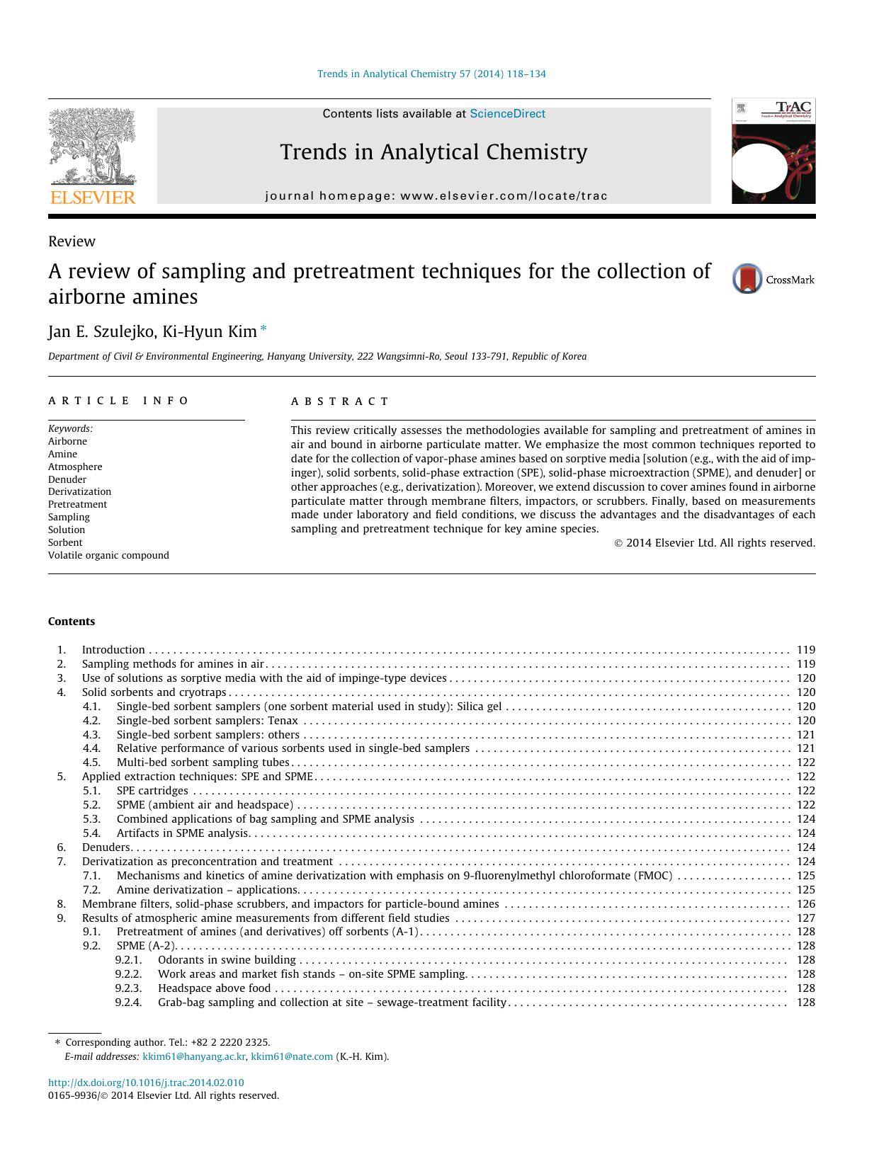 A review of sampling and pretreatment techniques for the collection of airborne amines by Jan E. Szulejko & Ki-Hyun Kim