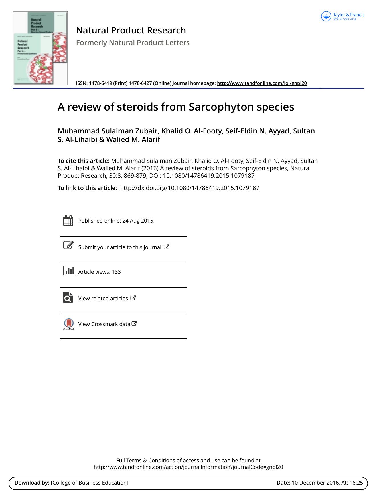 A review of steroids from Sarcophyton species by unknow