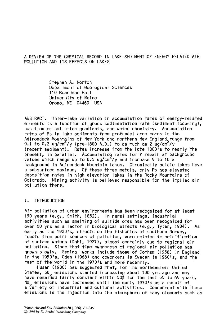 A review of the chemical record in lake sediment of energy related air pollution and its effects on lakes by Unknown