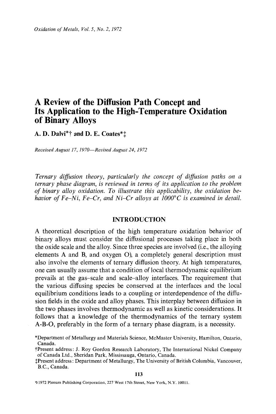 A review of the diffusion path concept and its application to the high-temperature oxidation of binary alloys by Unknown