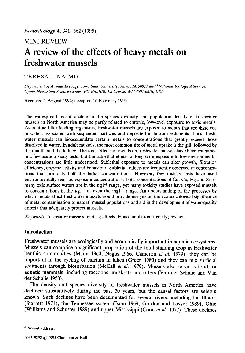 A review of the effects of heavy metals on freshwater mussels by Unknown