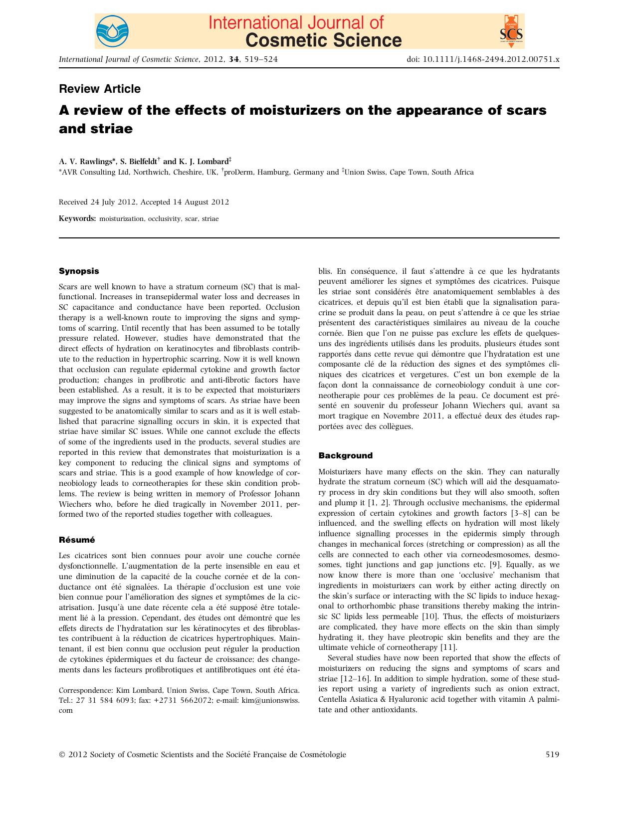A review of the effects of moisturizers on the appearance of scars and striae by Unknown