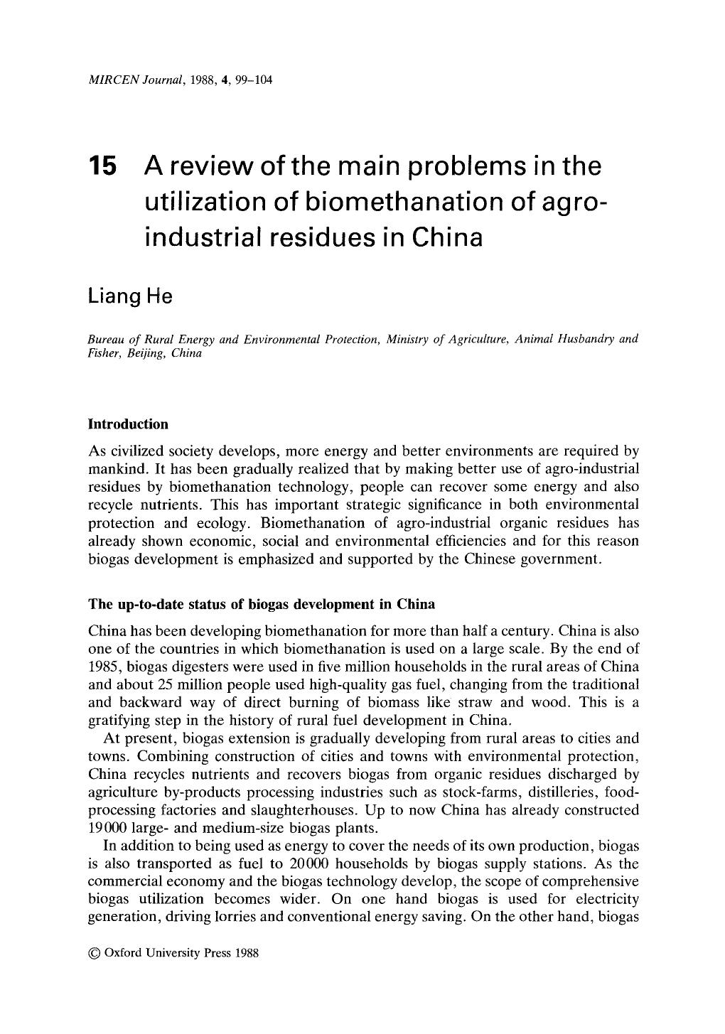 A review of the main problems in the utilization of biomethanation of agro-industrial residues in China by Unknown