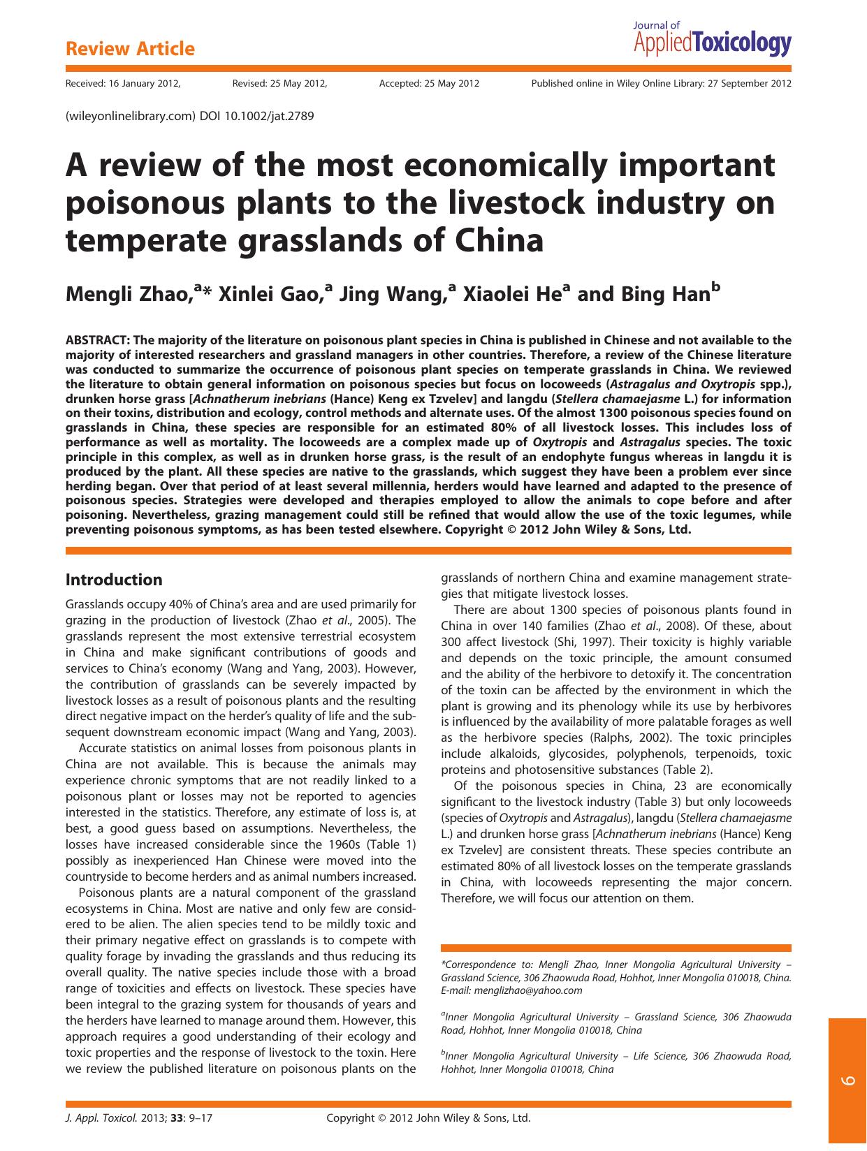 A review of the most economically important poisonous plants to the livestock industry on temperate grasslands of China by Unknown