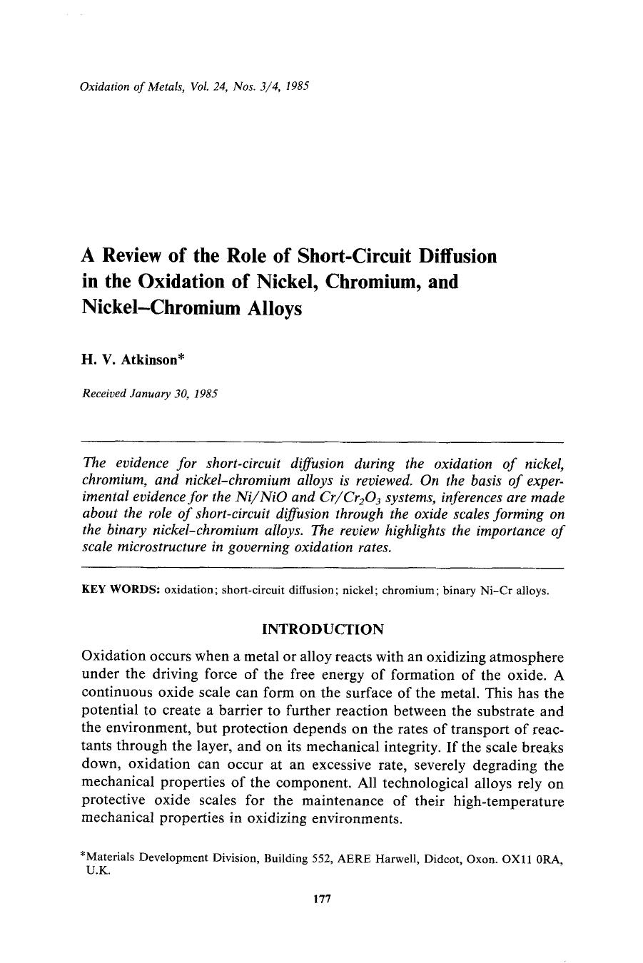 A review of the role of short-circuit diffusion in the oxidation of nickel, chromium, and nickel-chromium alloys by Unknown