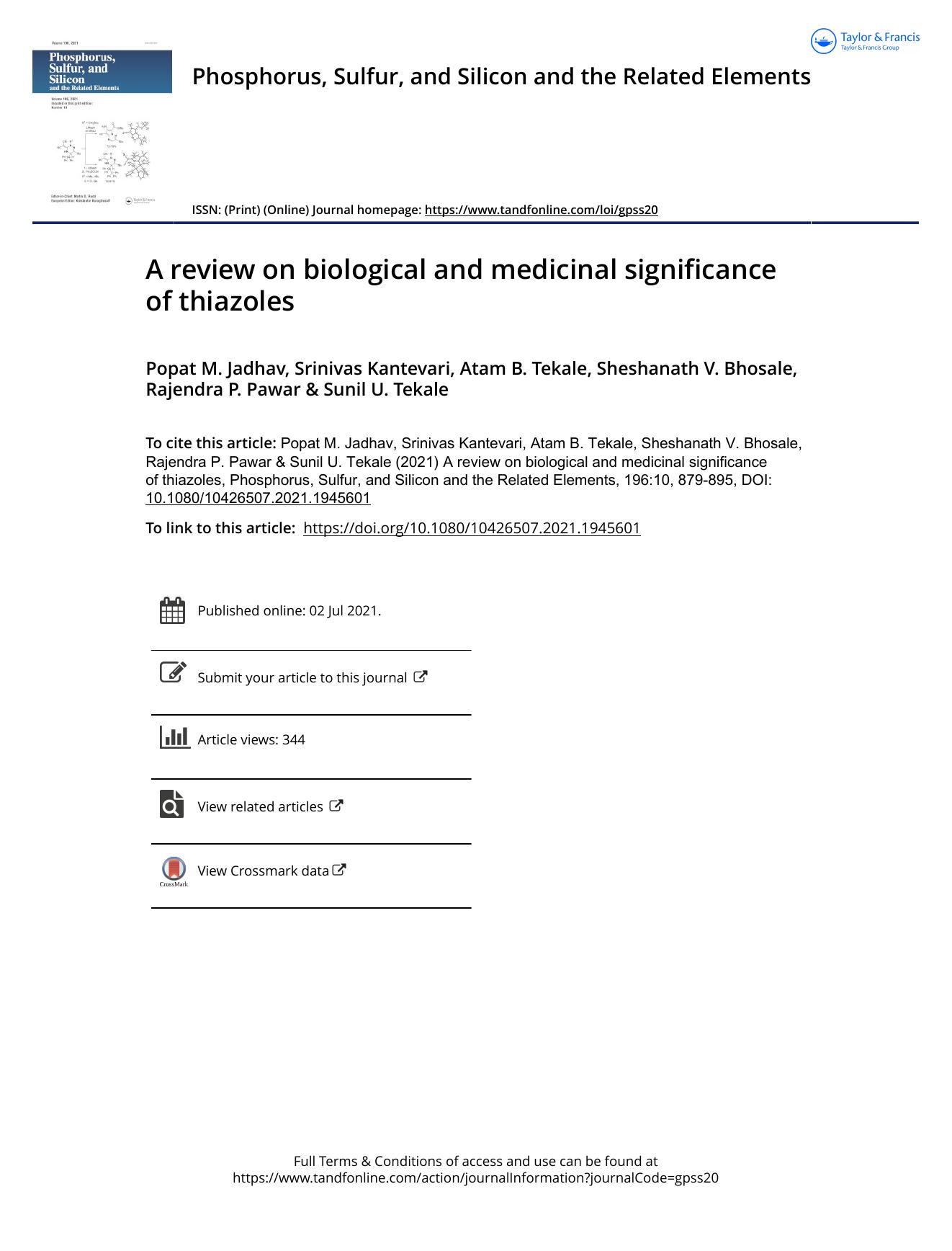 A review on biological and medicinal significance of thiazoles by unknow