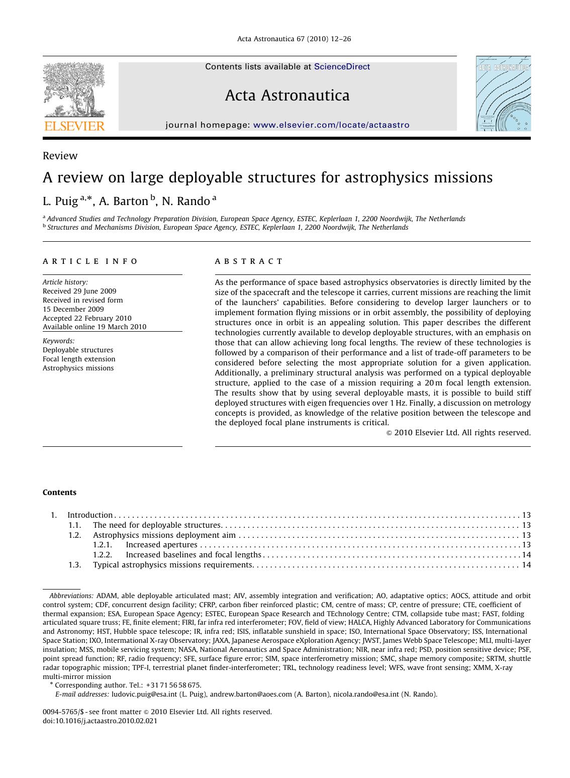 A review on large deployable structures for astrophysics missions by L. Puig; A. Barton; N. Rando