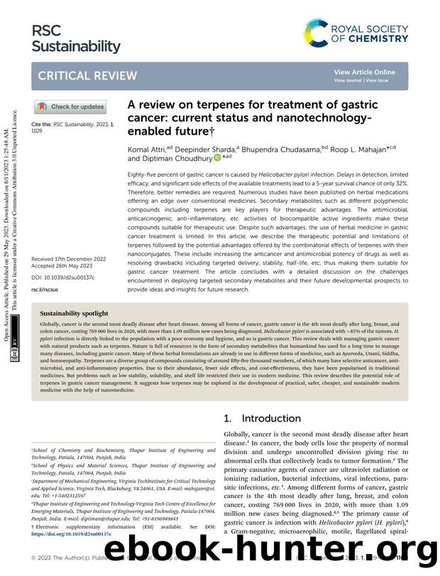 A review on terpenes for treatment of gastric cancer: current status and nanotechnology-enabled future by Komal Attri & Deepinder Sharda & Bhupendra Chudasama & Roop L. Mahajan & Diptiman Choudhury