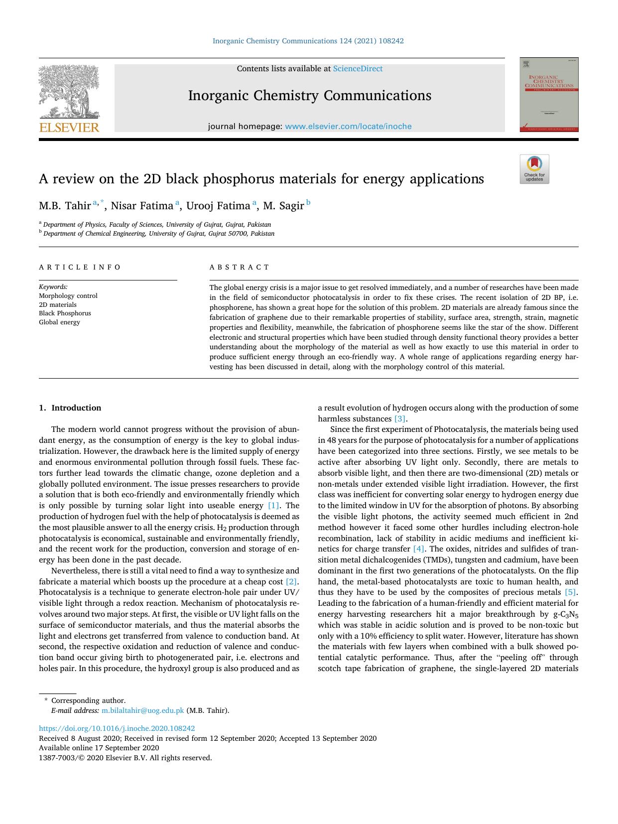 A review on the 2D black phosphorus materials for energy applications by M.B. Tahir