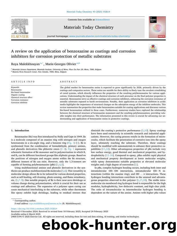 A review on the application of benzoxazine as coatings and corrosion inhibitors for corrosion protection of metallic substrates by Roya Malekkhouyan & Marie-Georges Olivier