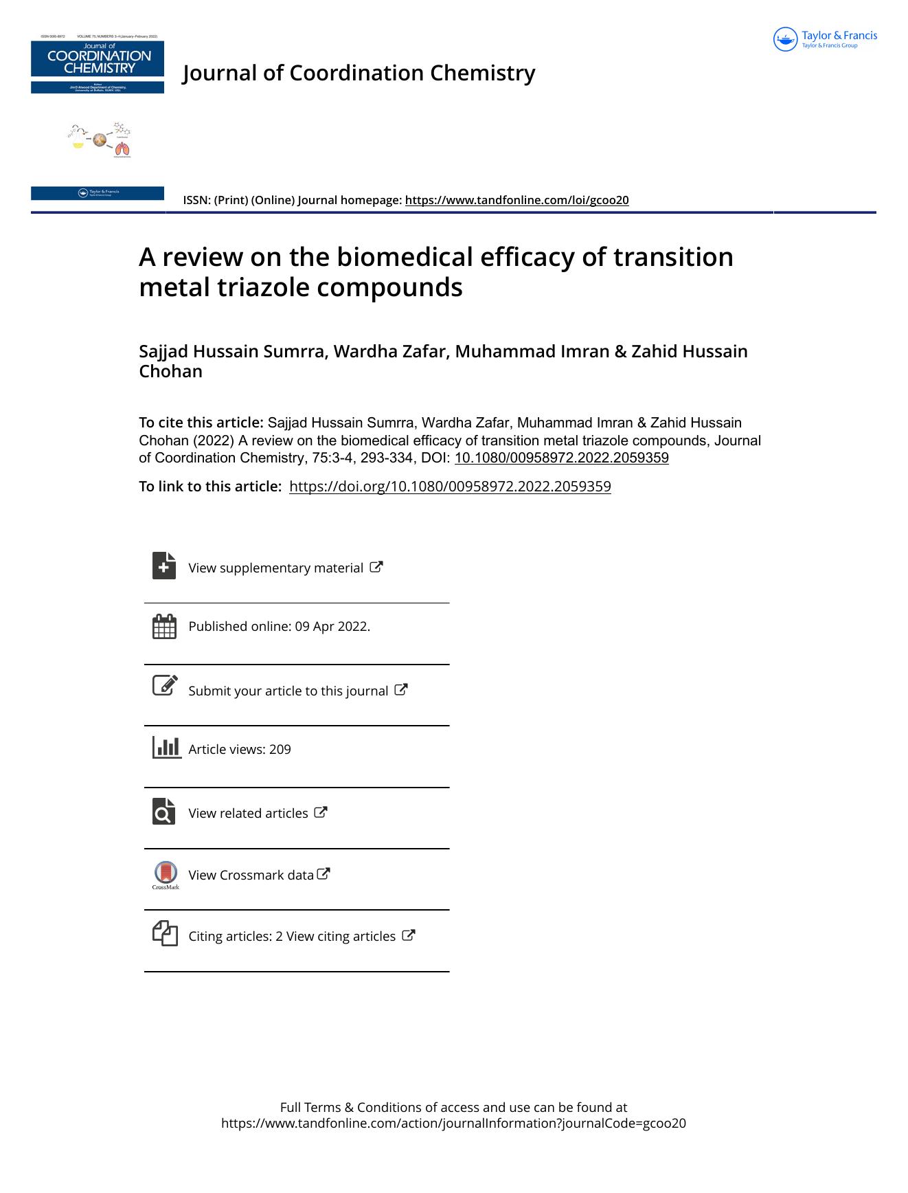 A review on the biomedical efficacy of transition metal triazole compounds by Sumrra Sajjad Hussain & Zafar Wardha & Imran Muhammad & Chohan Zahid Hussain