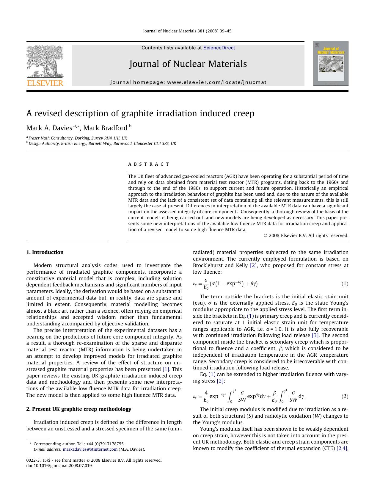 A revised description of graphite irradiation induced creep by Mark A. Davies; Mark Bradford