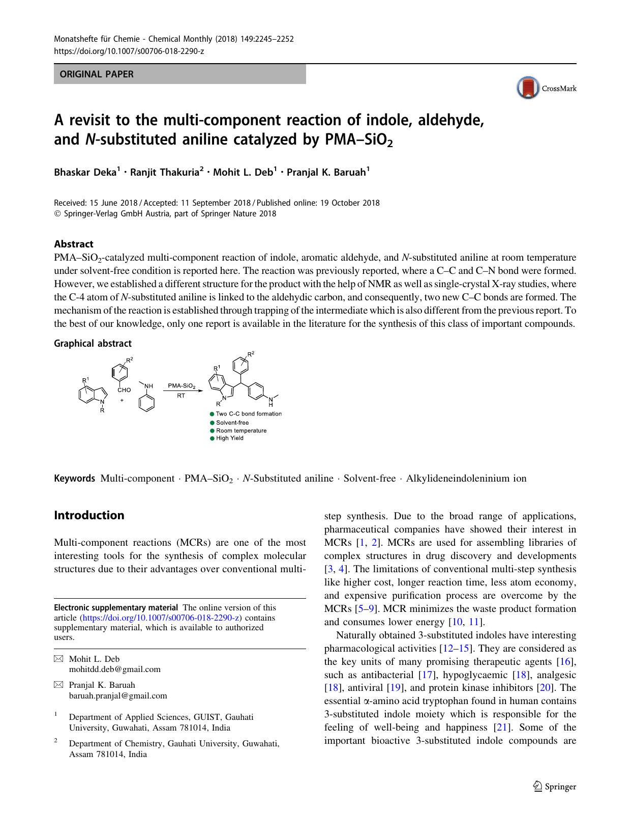 A revisit to the multi-component reaction of indole, aldehyde, and N-substituted aniline catalyzed by PMAâSiO2 by Bhaskar Deka & Ranjit Thakuria & Mohit L. Deb & Pranjal K. Baruah