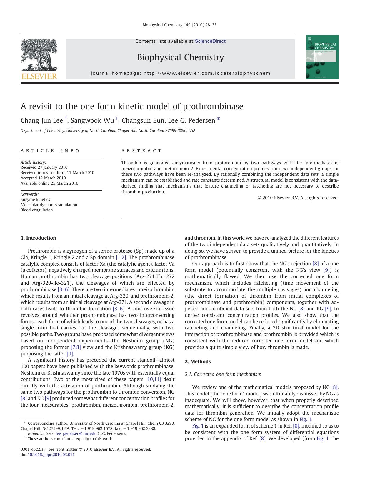 A revisit to the one form kinetic model of prothrombinase by Chang Jun Lee; Sangwook Wu; Changsun Eun; Lee G. Pedersen