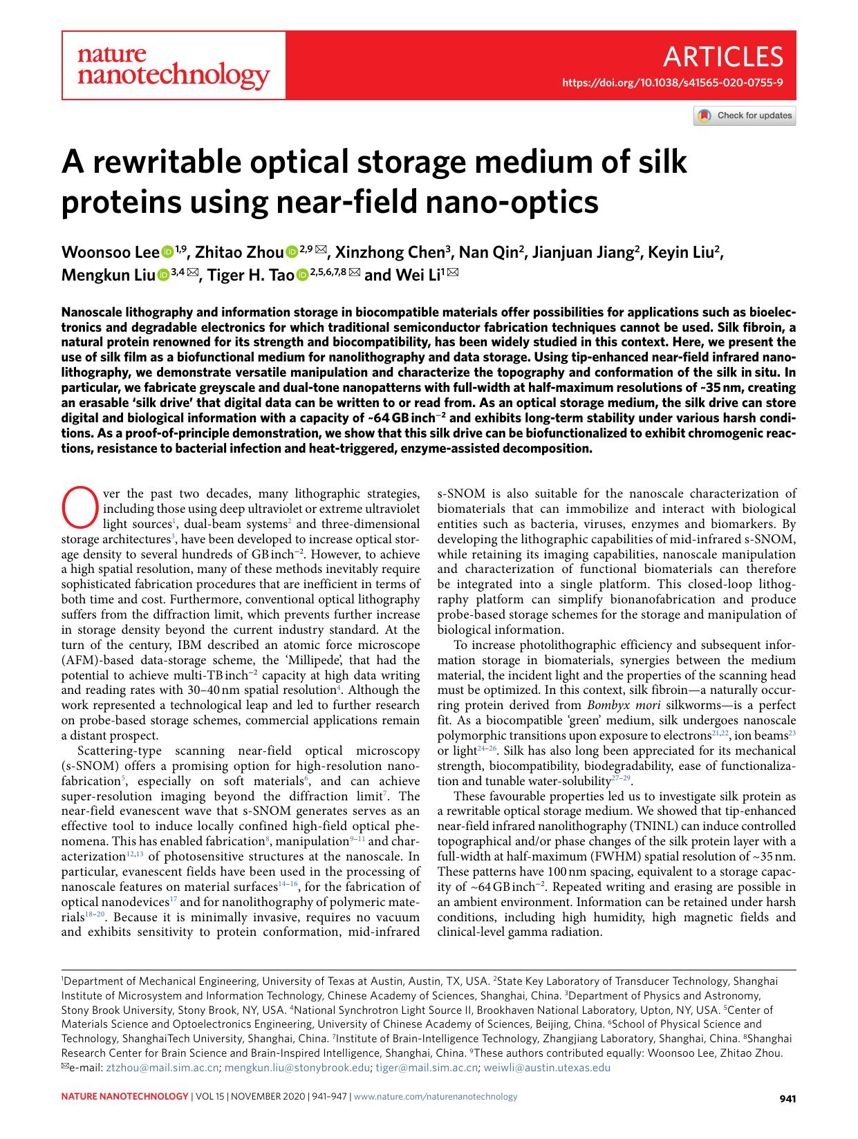 A rewritable optical storage medium of silk proteins using near-field nano-optics by unknow