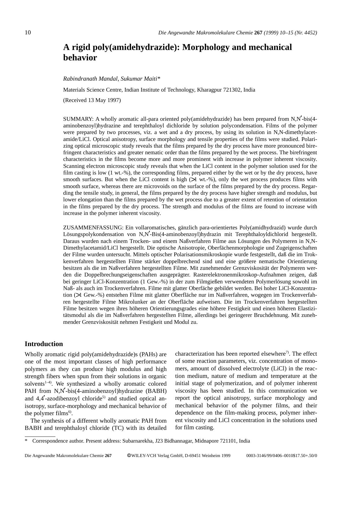 A rigid poly(amidehydrazide): Morphology and mechanical behavior by Unknown