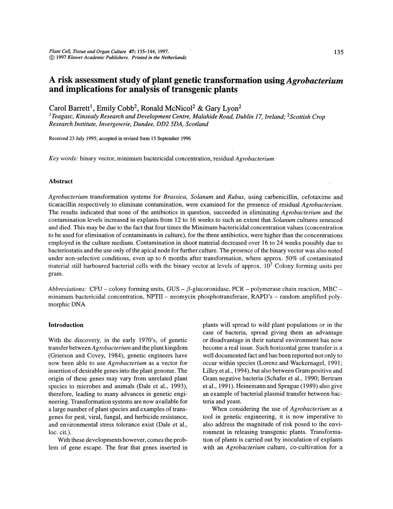 A risk assessment study of plant genetic transformation using <Emphasis Type="Italic">Agrobacterium <Emphasis> and implications for analysis of transgenic plants by Unknown