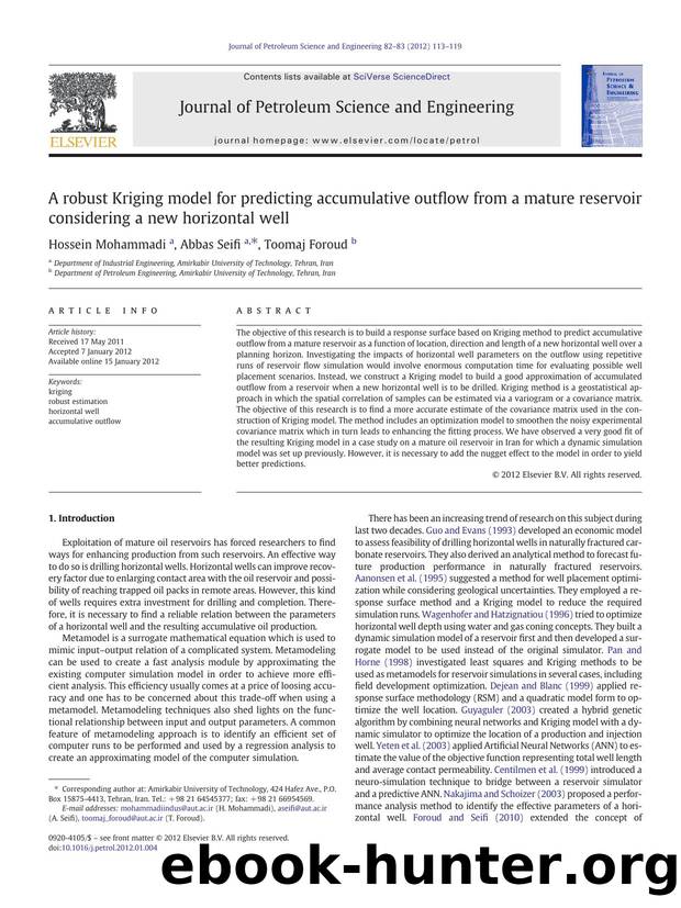 A robust Kriging model for predicting accumulative outflow from a mature reservoir considering a new horizontal well by Hossein Mohammadi & Abbas Seifi & Toomaj Foroud