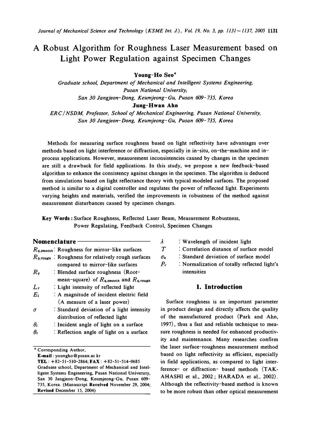 A robust algorithm for roughness laser measurement based on light power regulation against specimen changes by Unknown