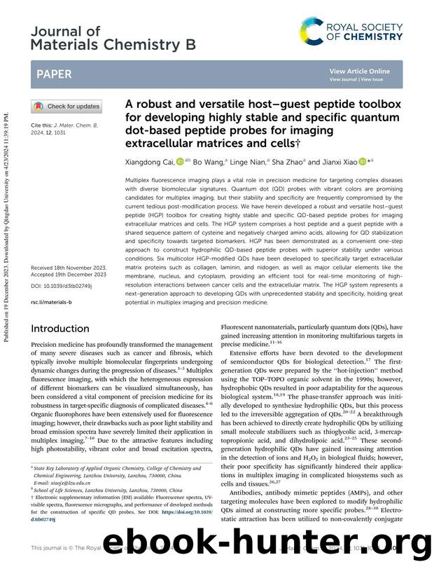 A robust and versatile host&#x2013;guest peptide toolbox for developing highly stable and specific quantum dot-based peptide probes for imaging extracellular matrices and cells by Xiangdong Cai & Bo Wang & Linge Nian & Sha Zhao & Jianxi Xiao