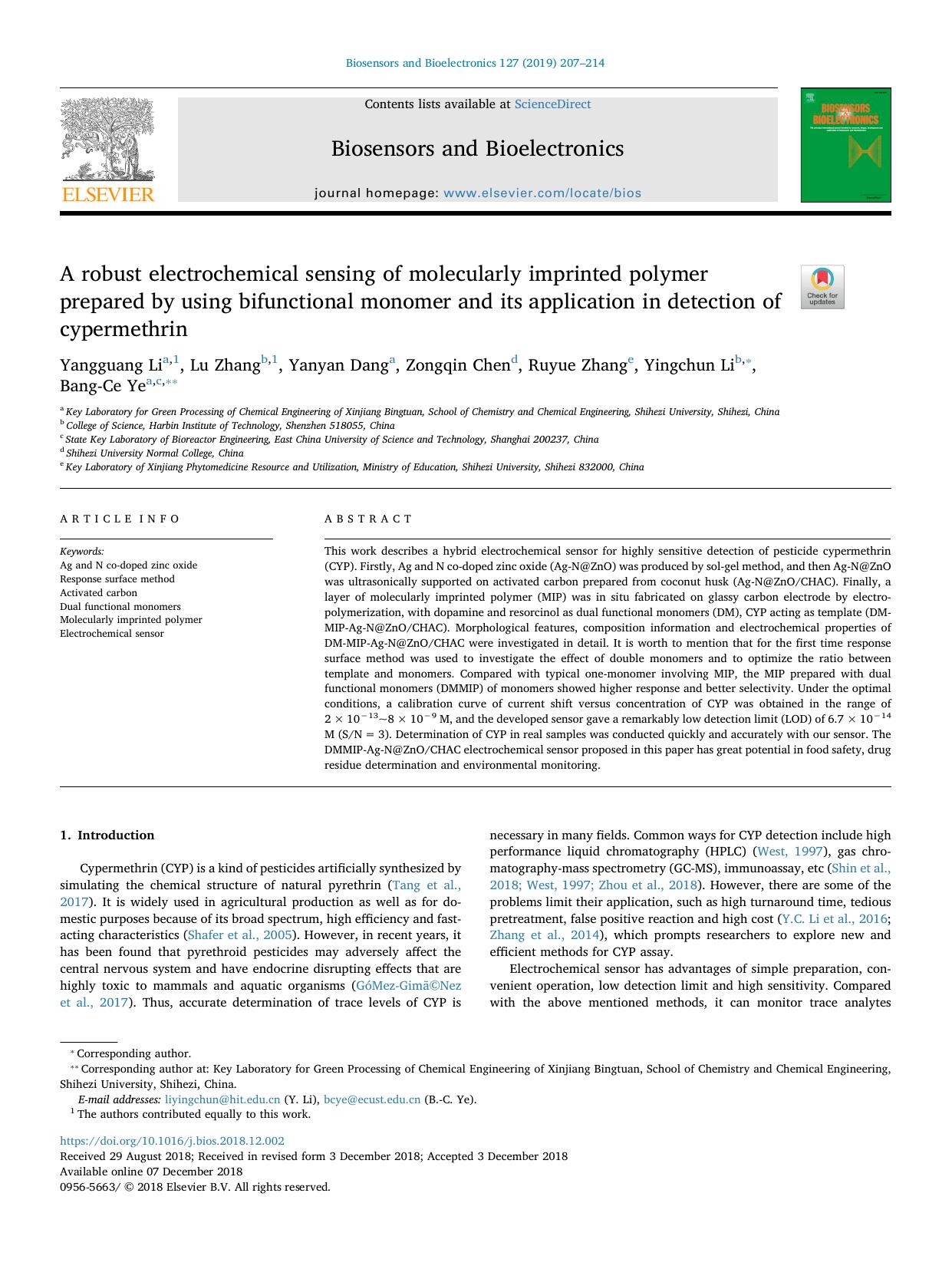 A robust electrochemical sensing of molecularly imprinted polymer prepared by using bifunctional monomer and its application in detection of cypermethrin by Yangguang Li & Lu Zhang & Yanyan Dang & Zongqin Chen & Ruyue Zhang & Yingchun Li & Bang-Ce Ye