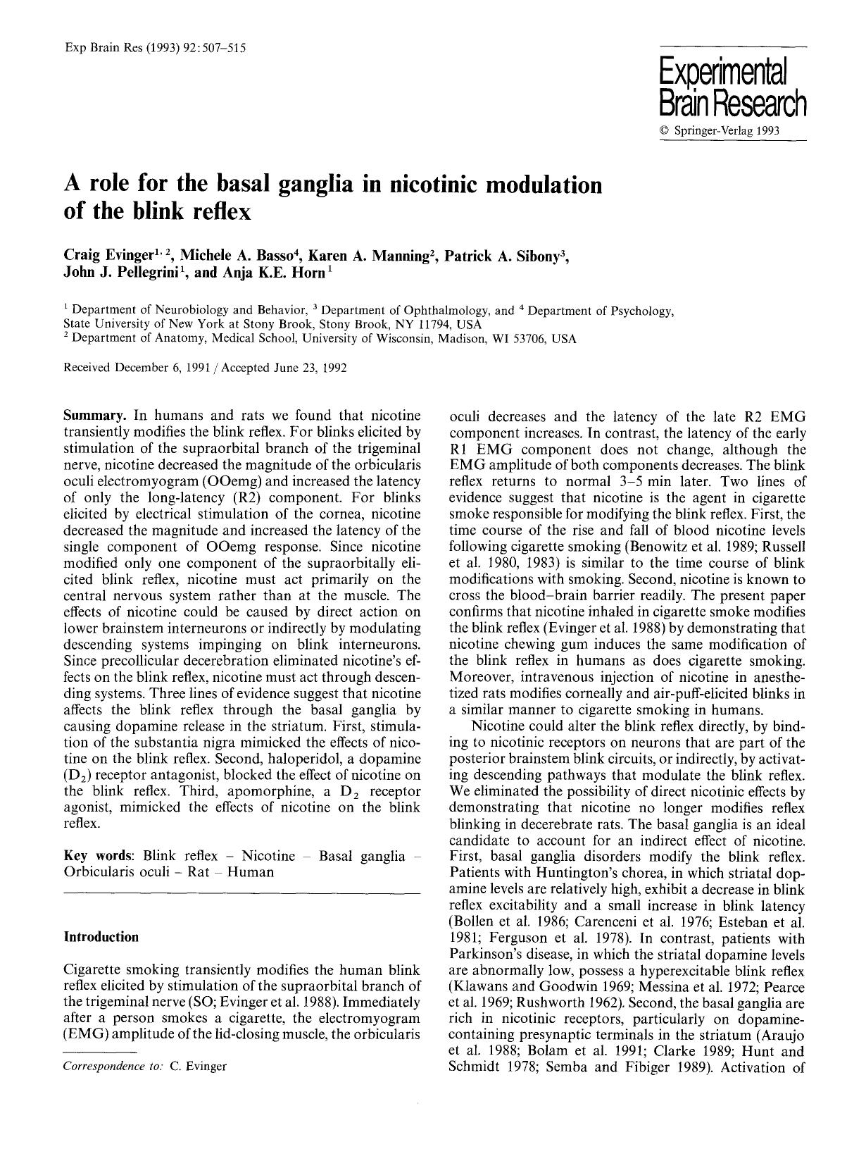 A role for the basal ganglia in nicotinic modulation of the blink reflex by Unknown