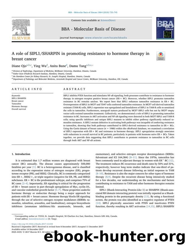 A role of SIPL1SHARPIN in promoting resistance to hormone therapy in breast cancer by Diane Ojo & Ying Wu & Anita Bane & Damu Tang