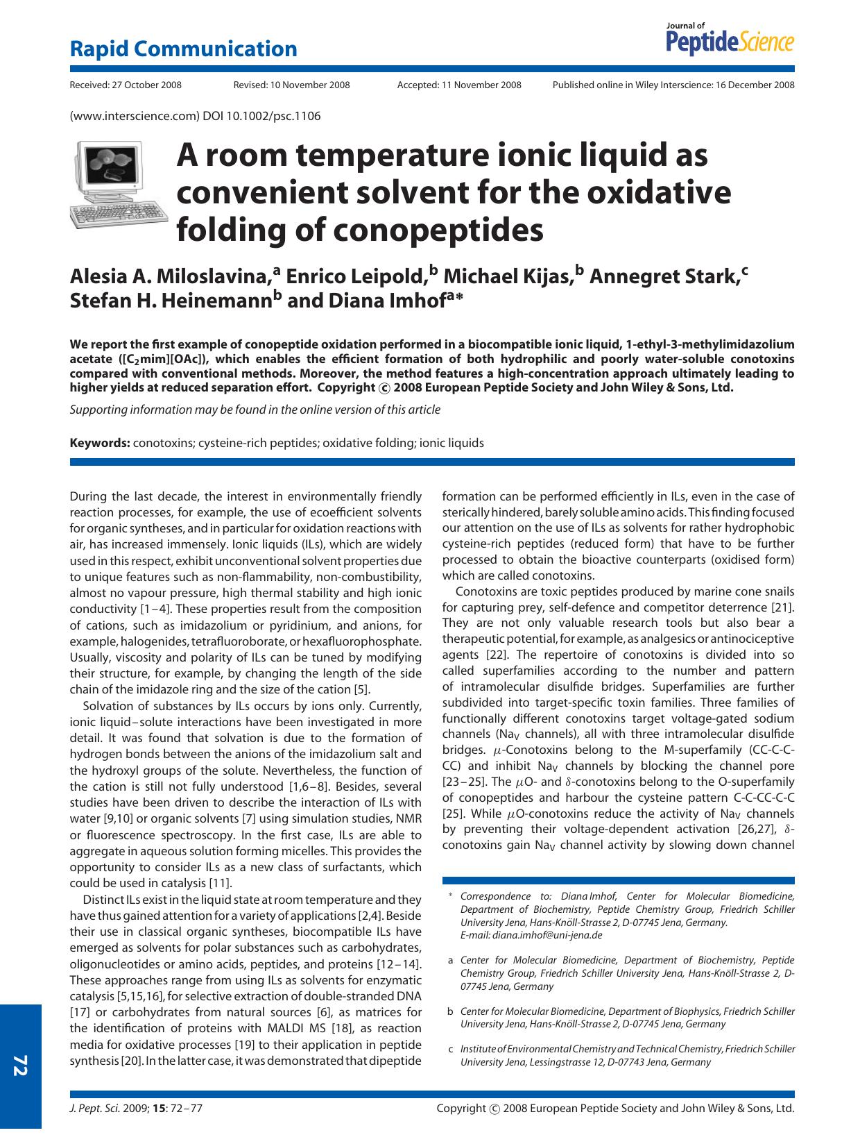 A room temperature ionic liquid as convenient solvent for the oxidative folding of conopeptides by Unknown