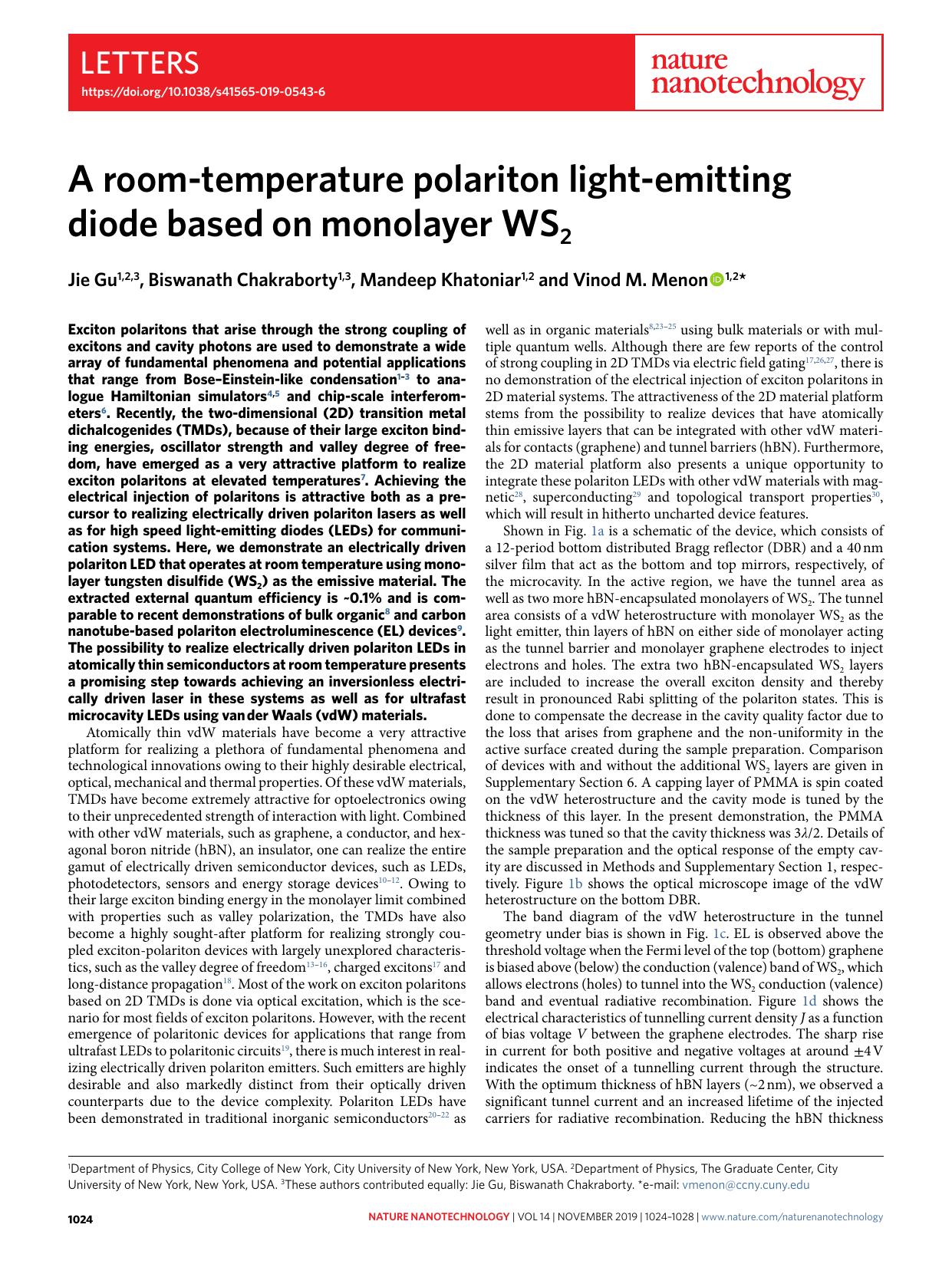 A room-temperature polariton light-emitting diode based on monolayer WS2 by Jie Gu & Biswanath Chakraborty & Mandeep Khatoniar & Vinod M. Menon