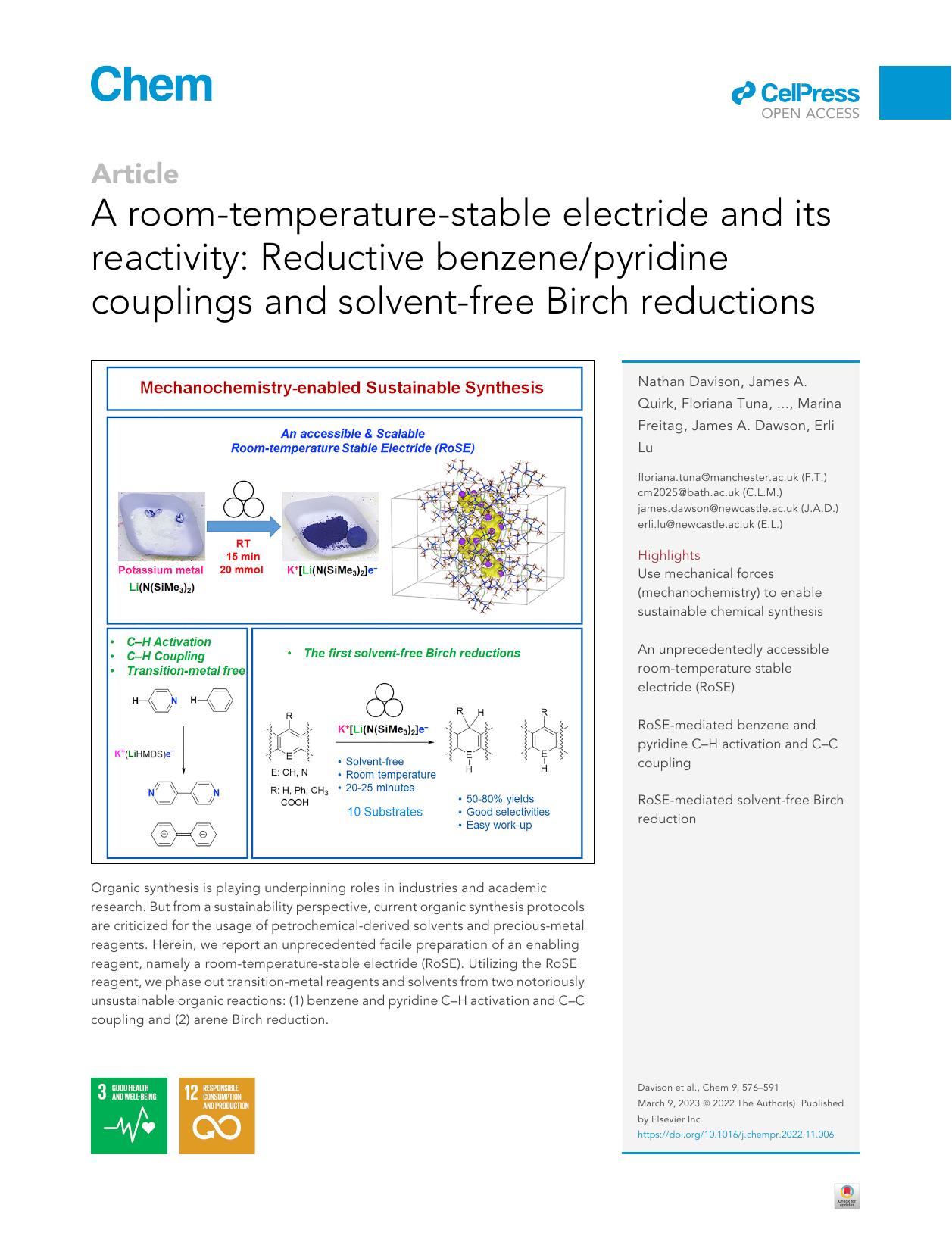 A room-temperature-stable electride and its reactivity: Reductive benzenepyridine couplings and solvent-free Birch reductions by unknow