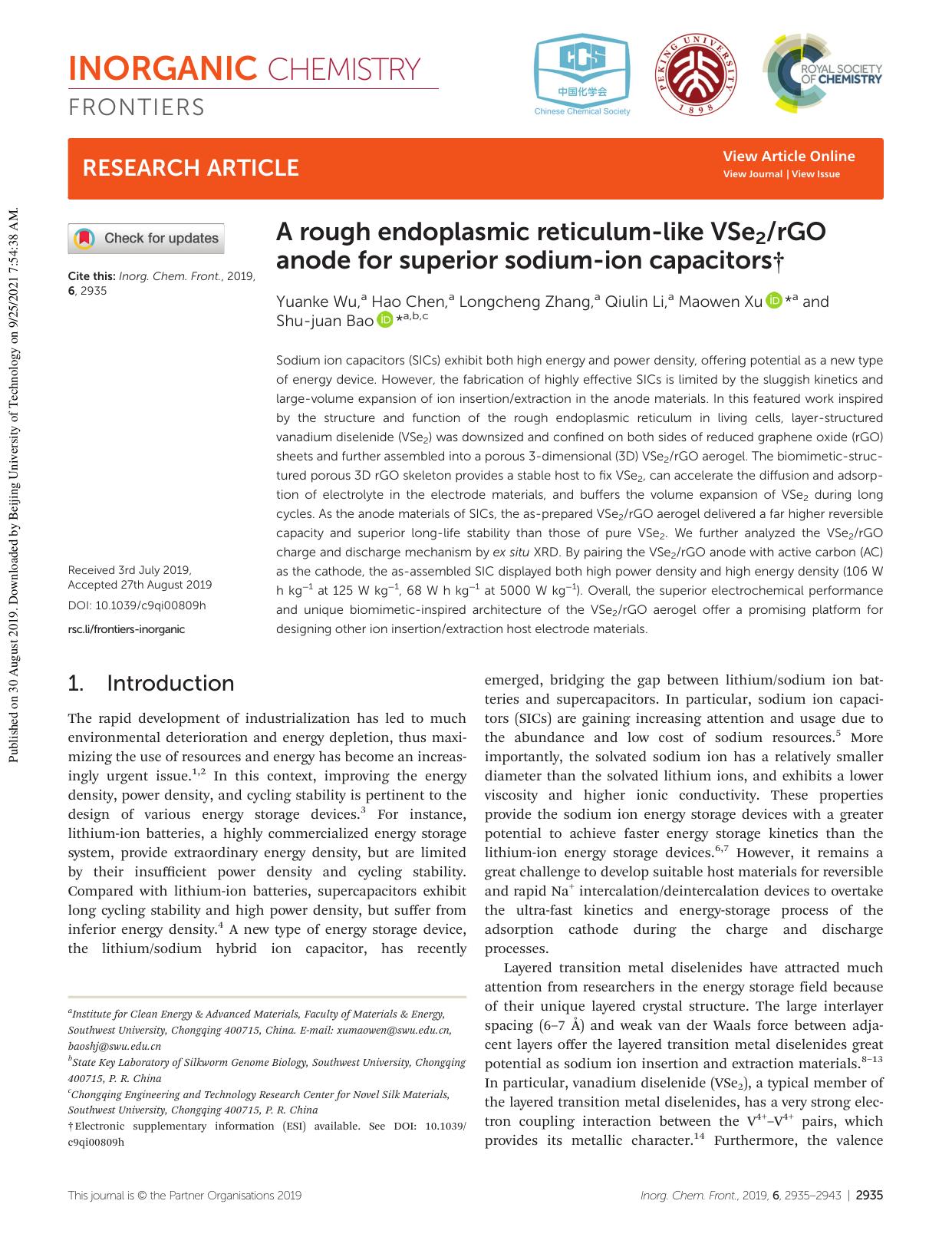A rough endoplasmic reticulum-like VSe2rGO anode for superior sodium-ion capacitors by Yuanke Wu Hao Chen Longcheng Zhang Qiulin Li Maowen Xu Shu-juan Bao