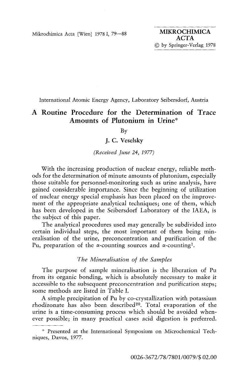A routine procedure for the determination of trace amounts of plutonium in urine by Unknown