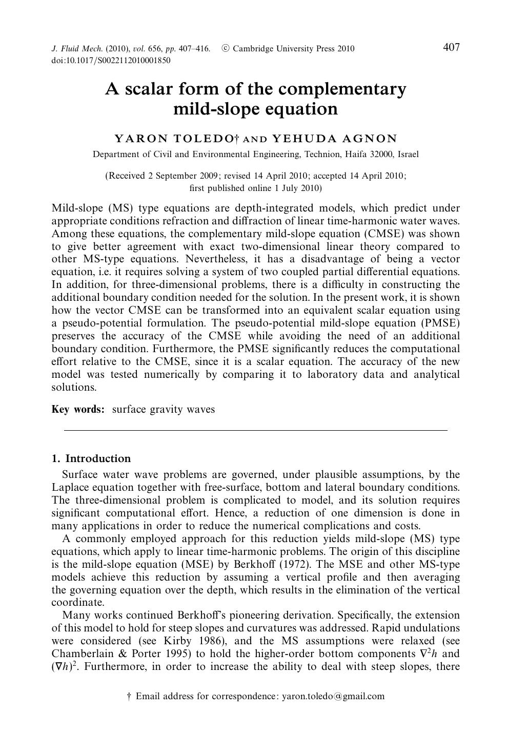 A scalar form of the complementary mild-slope equation by YARON TOLEDO YEHUDA AGNON