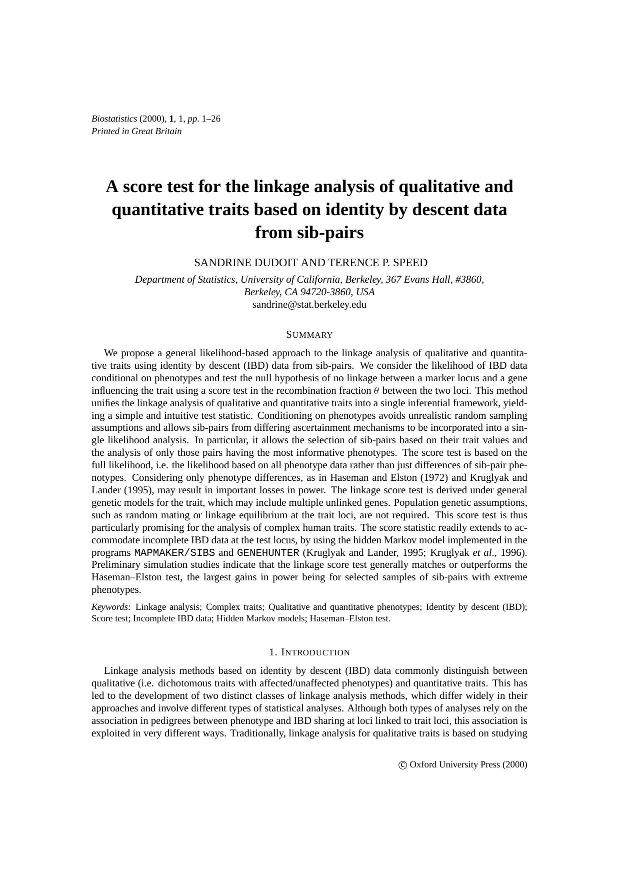 A score test for the linkage analysis of qualitative and quantitative traits based on identity [...] by Dudoit S. Speed T. P