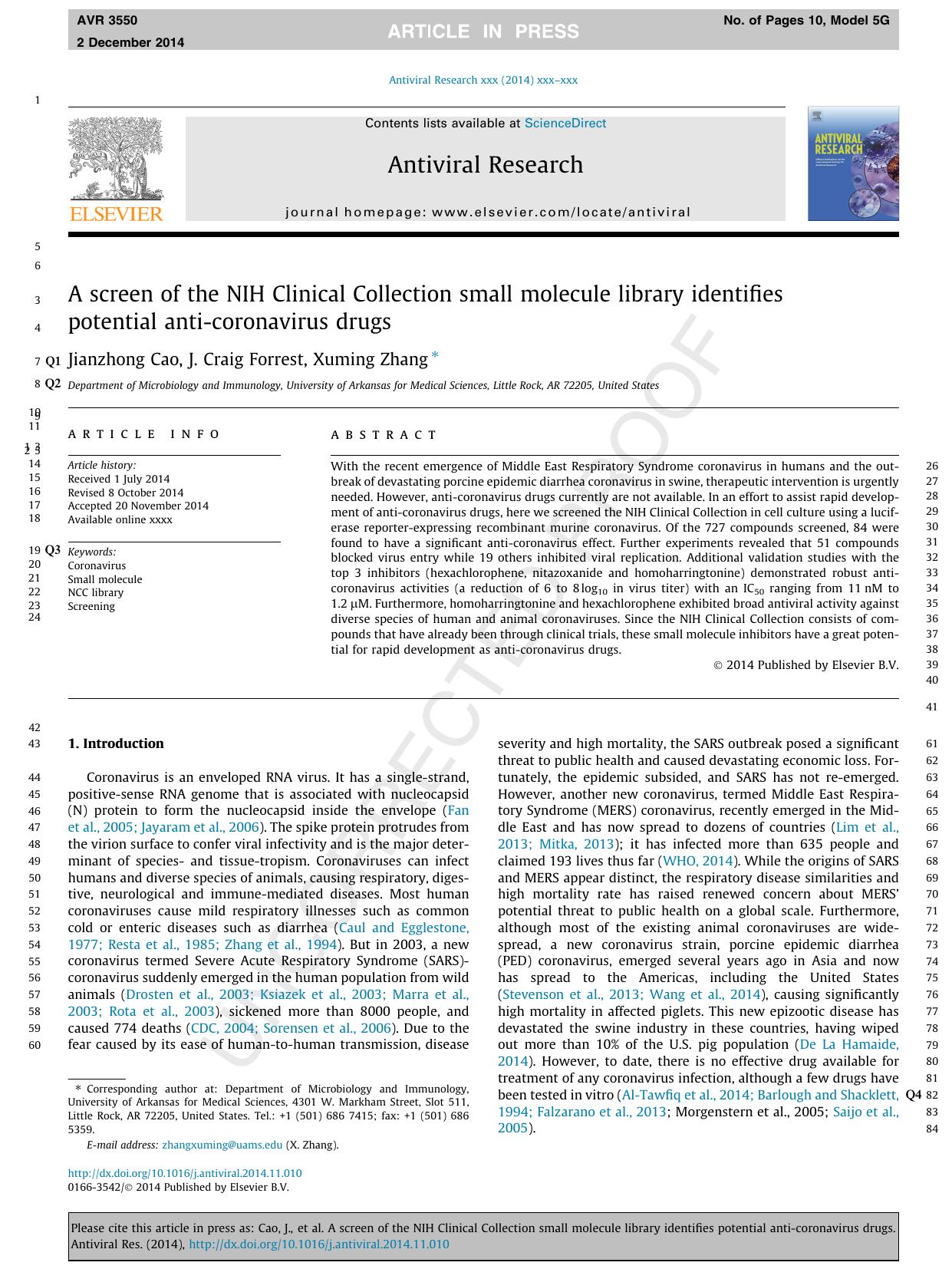 A screen of the NIH Clinical Collection small molecule library identifies potential anti-coronavirus drugs by Jianzhong Cao & J. Craig Forrest & Xuming Zhang