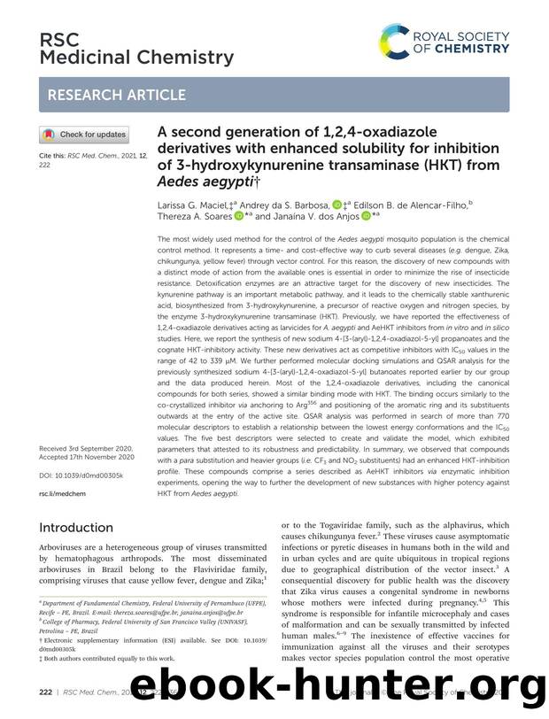 A second generation of 1,2,4-oxadiazole derivatives with enhanced solubility for inhibition of 3-hydroxykynurenine transaminase (HKT) from Aedes aegypti by unknow