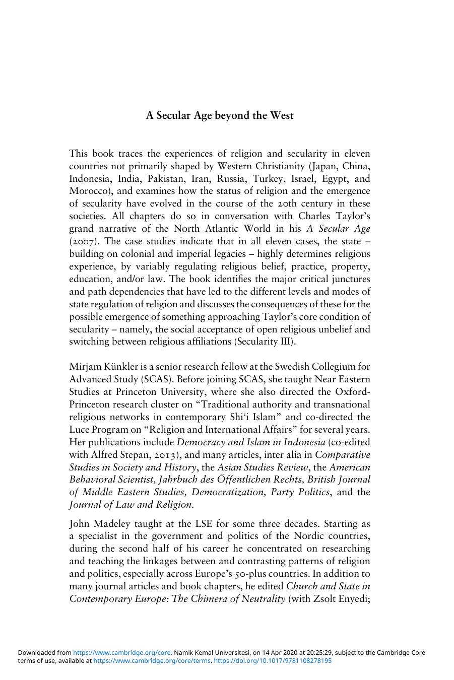 A secular age beyond the West : religion, law and the State in Asia, the Middle East and North Africa by Mirjam Künkler (editor); John Madeley (editor); Shylashri Shankar (editor)