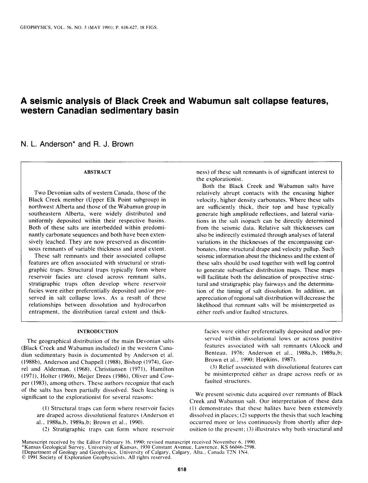 A seismic analysis of Black Creek and Wabumun salt collapse features, western Canadian sedimentary basin by Anderson N. L.; Brown R. J
