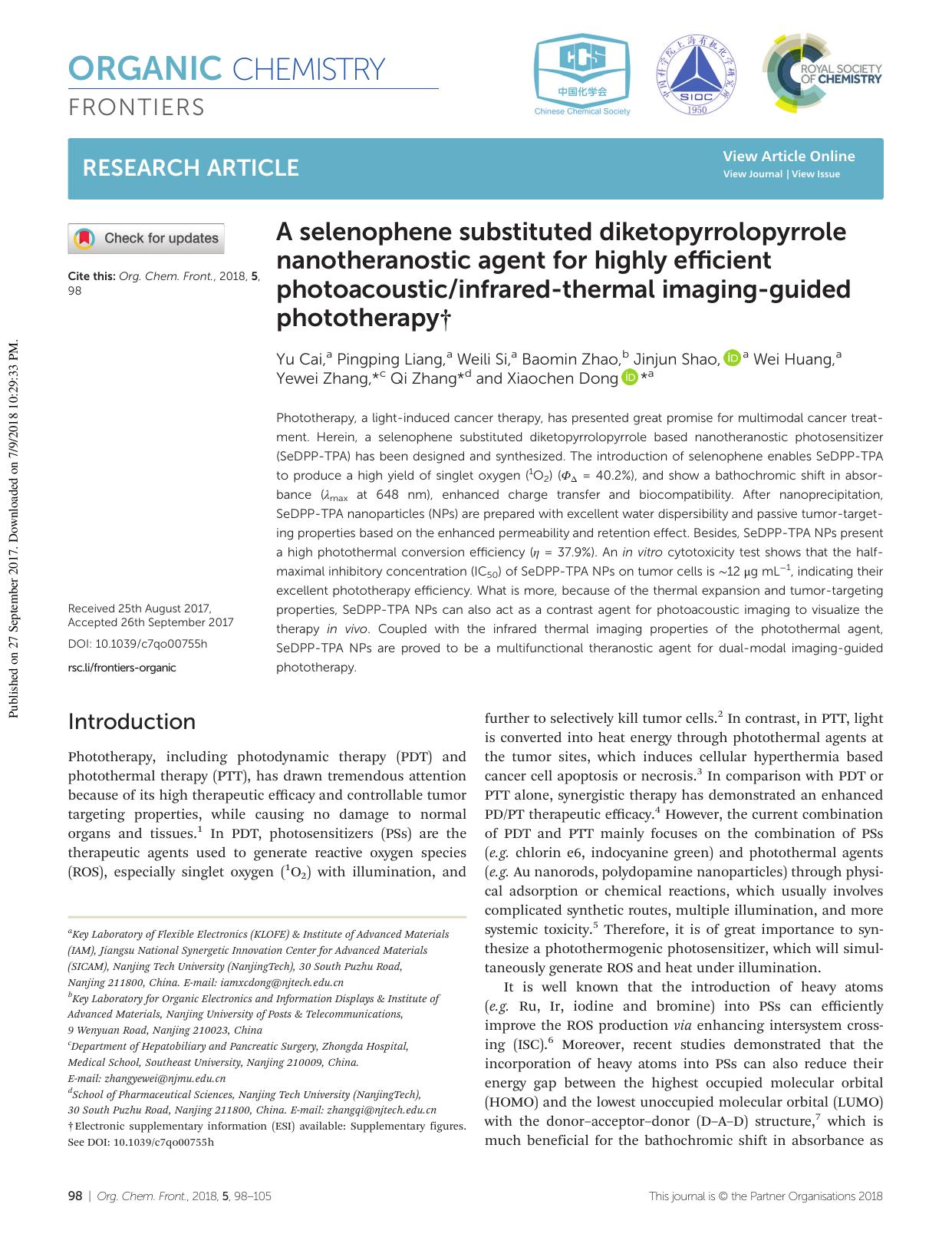 A selenophene substituted diketopyrrolopyrrole nanotheranostic agent for highly efficient photoacousticinfrared-thermal imaging-guided phototherapy by unknow