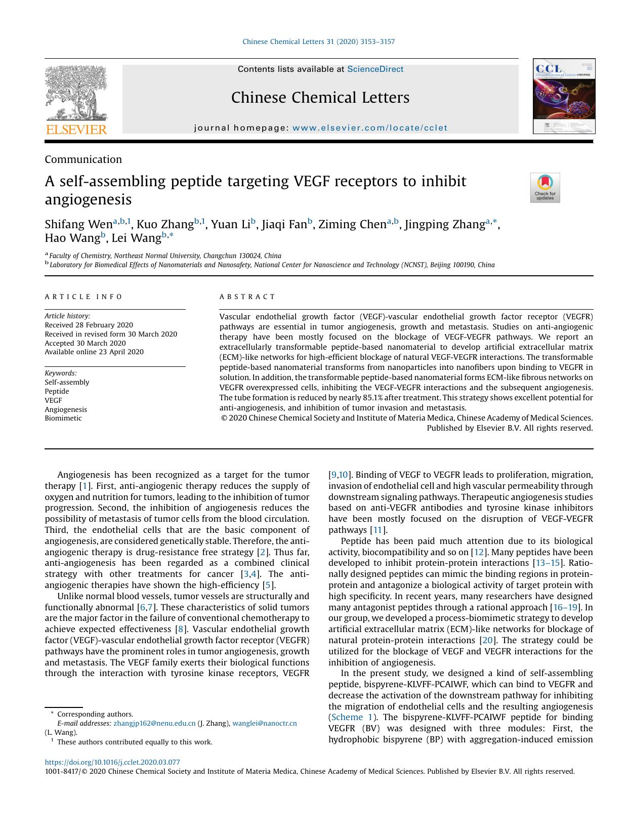 A self-assembling peptide targeting VEGF receptors to inhibit angiogenesis by Shifang Wen & Kuo Zhang & Yuan Li & Jiaqi Fan & Ziming Chen & Jingping Zhang & Hao Wang & Lei Wang