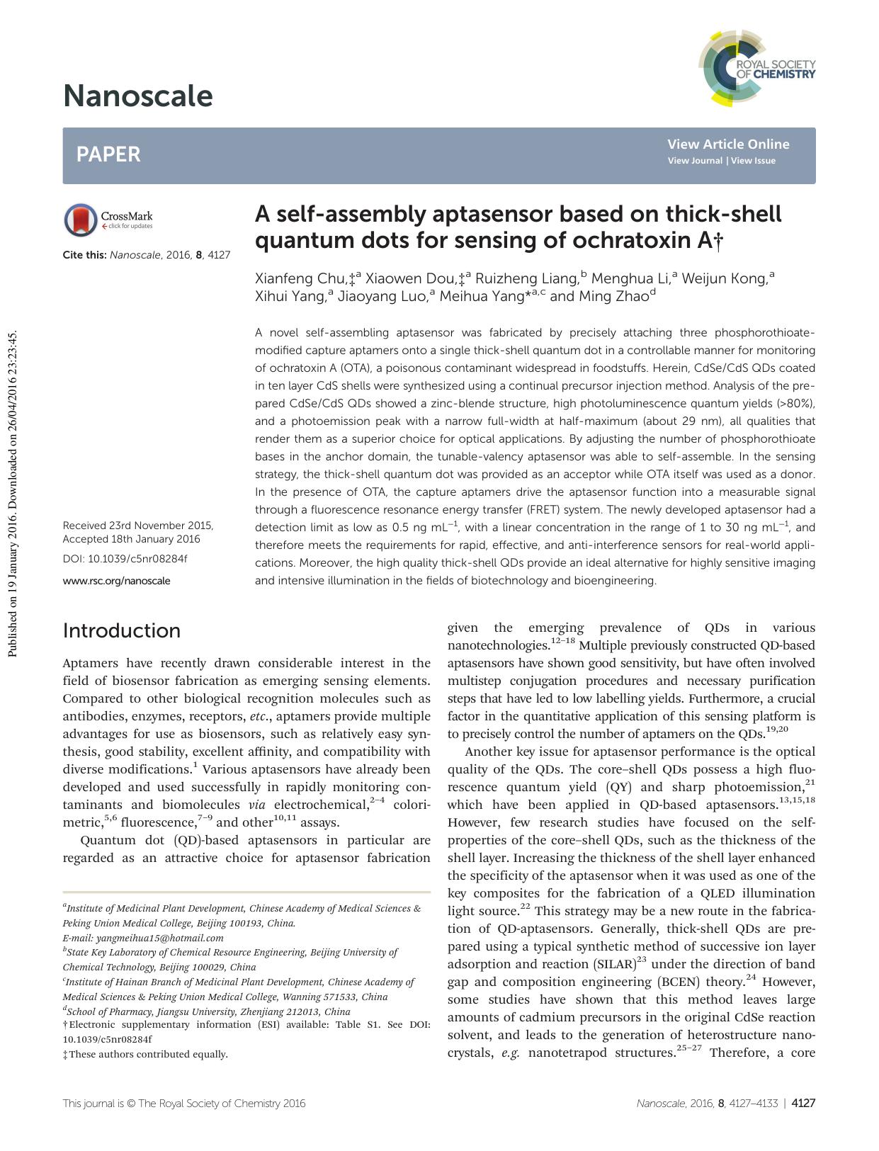 A self-assembly aptasensor based on thick-shell quantum dots for sensing of ochratoxin A by unknow